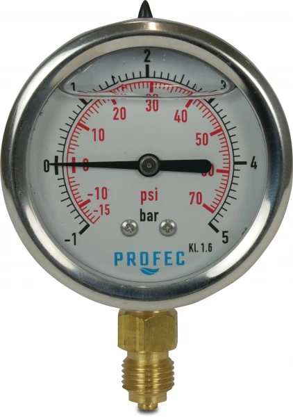 Profec Manometer 63 mm 0 - 16bar Edelstahl Glyceringefüllt Unten 1/4" Außengewinde